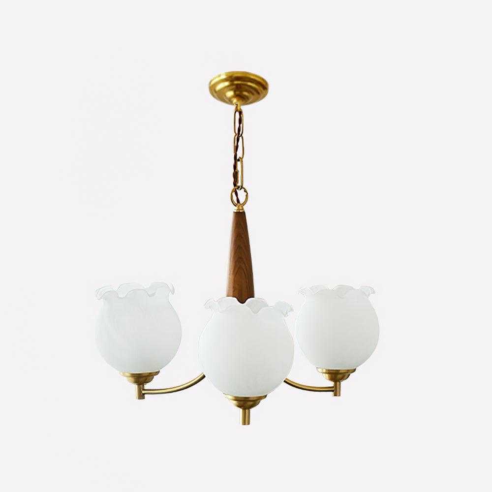 Lustra Chandelier Tulip Glass Wood Brass Vintage - Letslighting