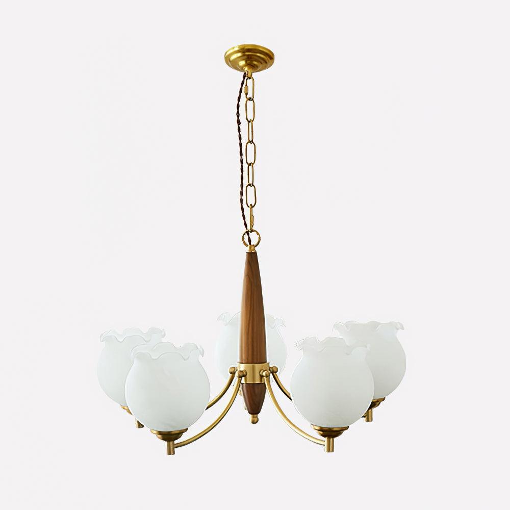 Lustra Chandelier Tulip Glass Wood Brass Vintage - Letslighting