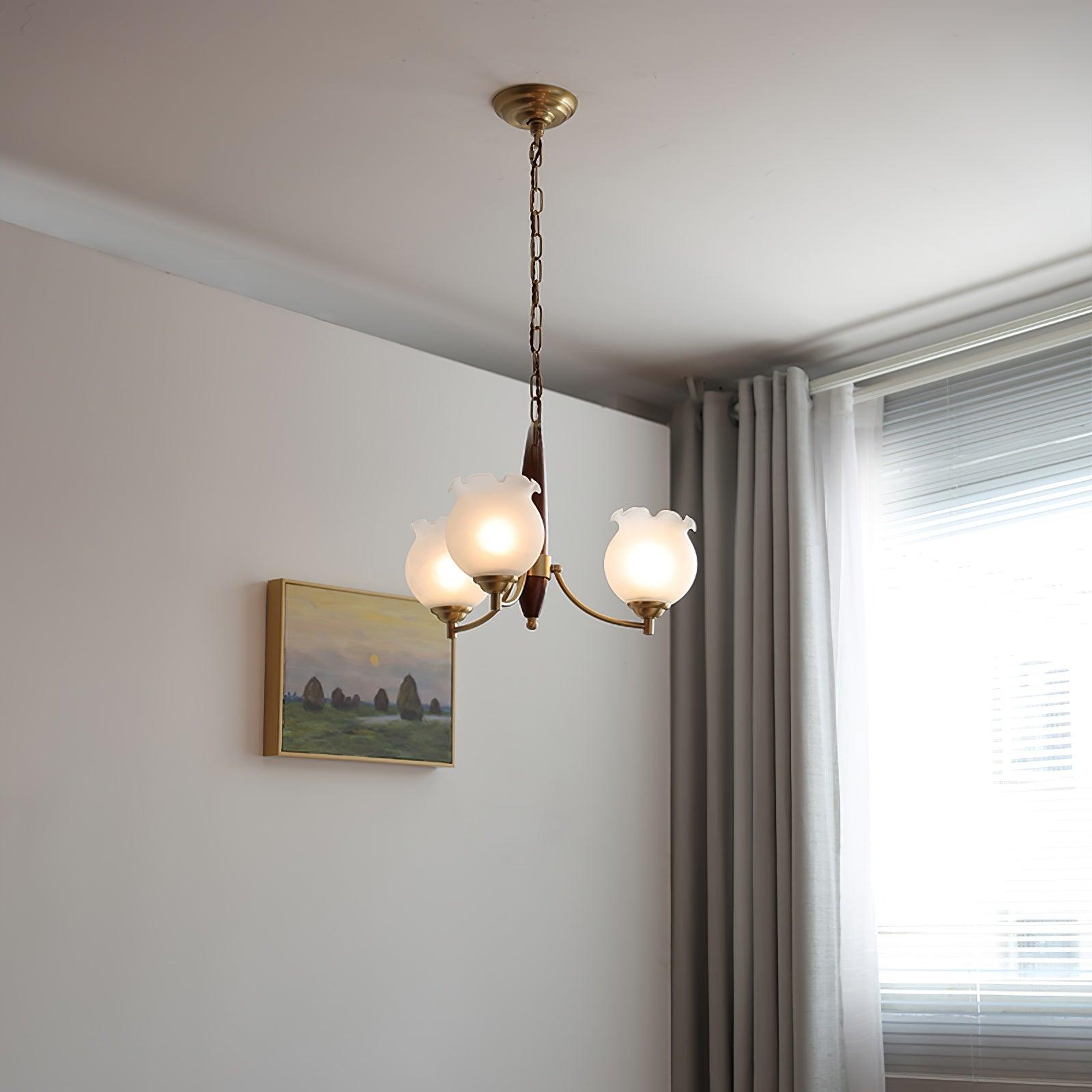 Lustra Chandelier Tulip Glass Wood Brass Vintage - Letslighting