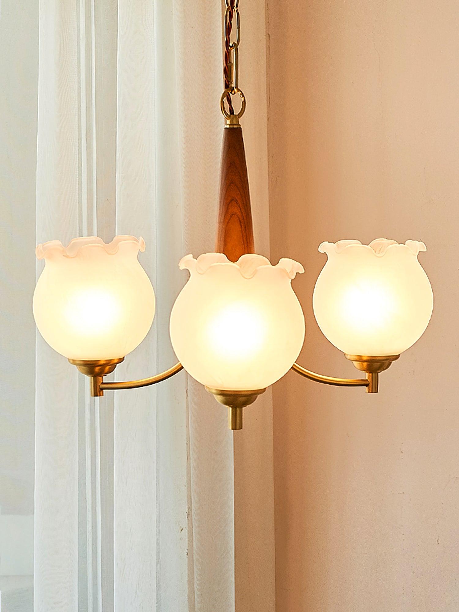 Lustra Chandelier Tulip Glass Wood Brass Vintage - Letslighting