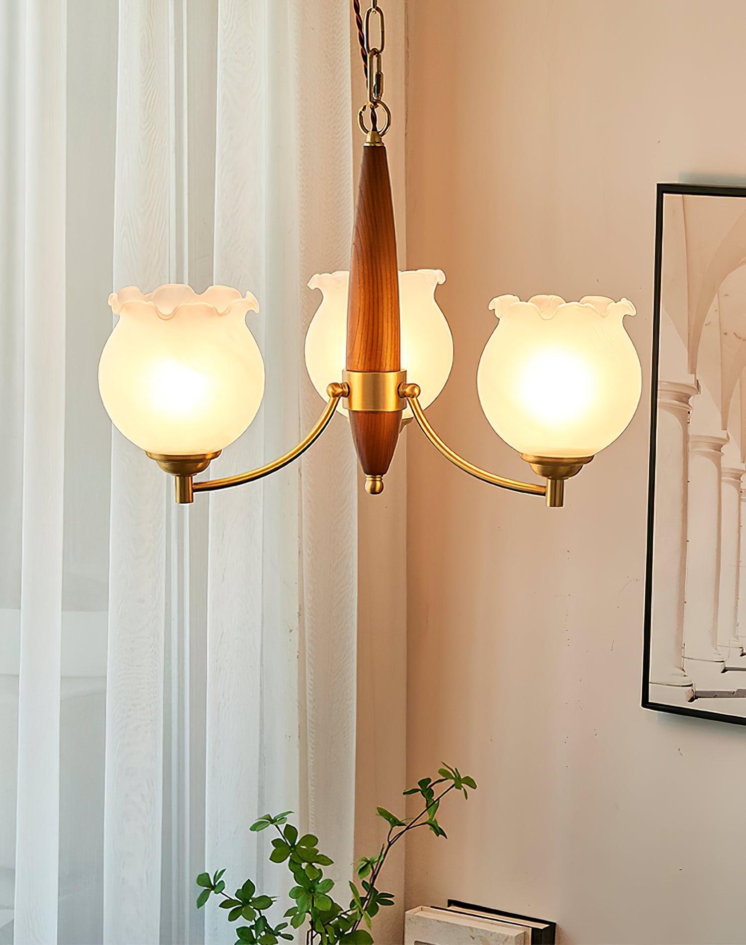 Lustra Chandelier Tulip Glass Wood Brass Vintage - Letslighting