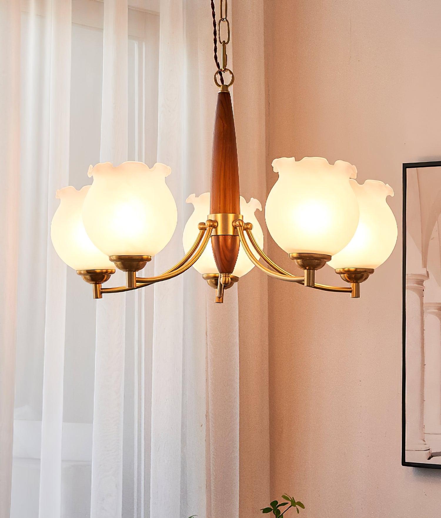 Lustra Chandelier Tulip Glass Wood Brass Vintage - Letslighting