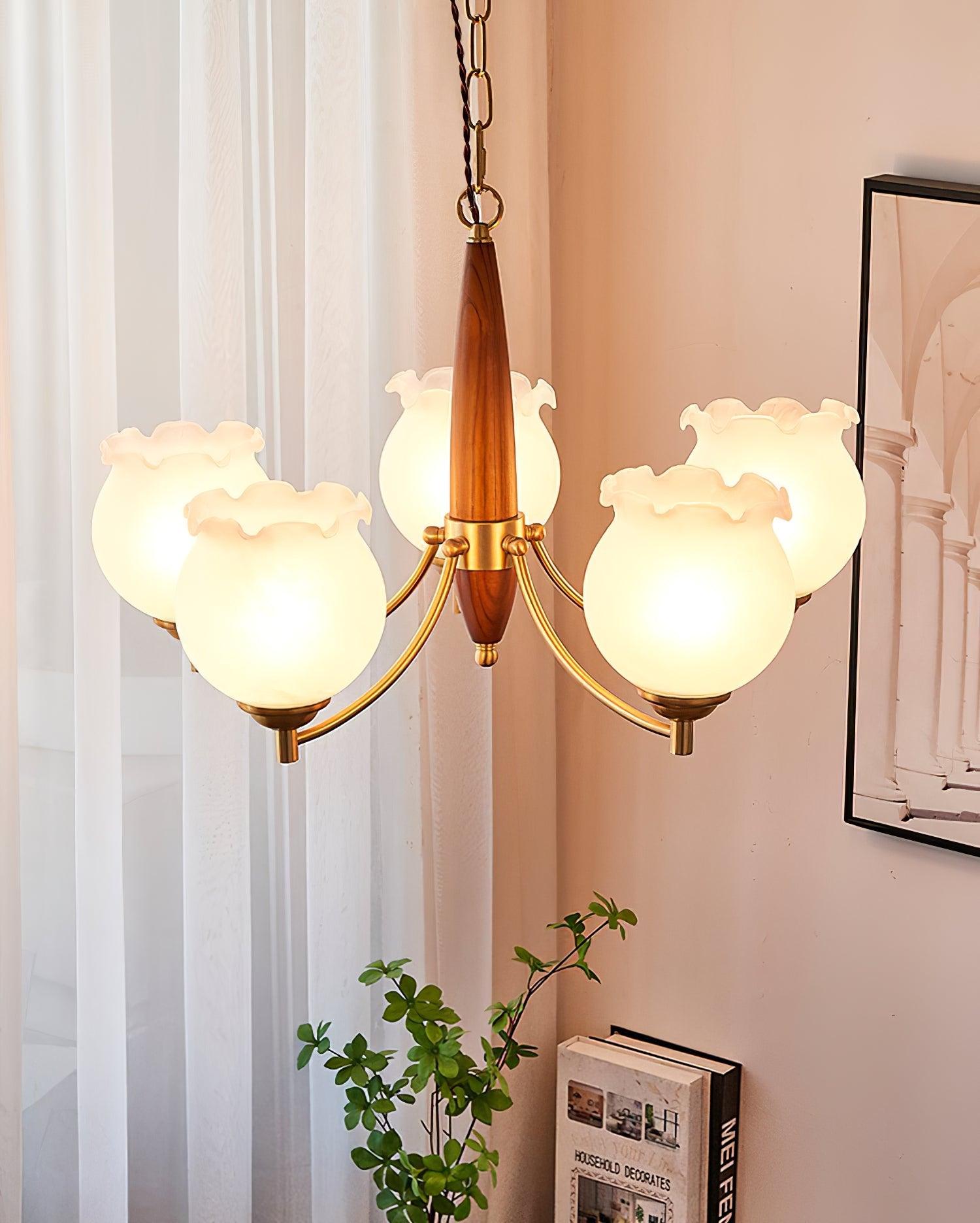 Lustra Chandelier Tulip Glass Wood Brass Vintage - Letslighting