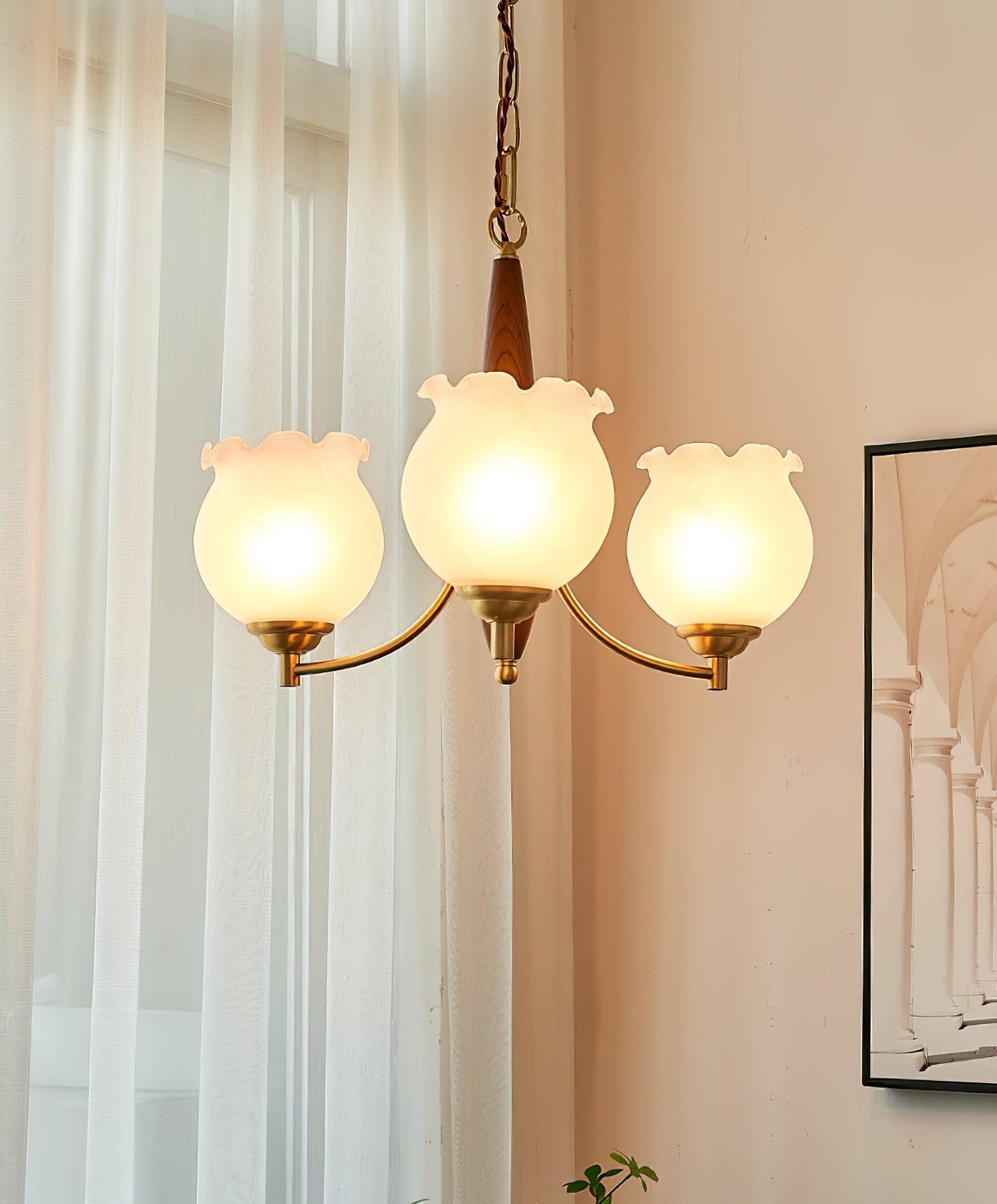 Lustra Chandelier Tulip Glass Wood Brass Vintage - Letslighting