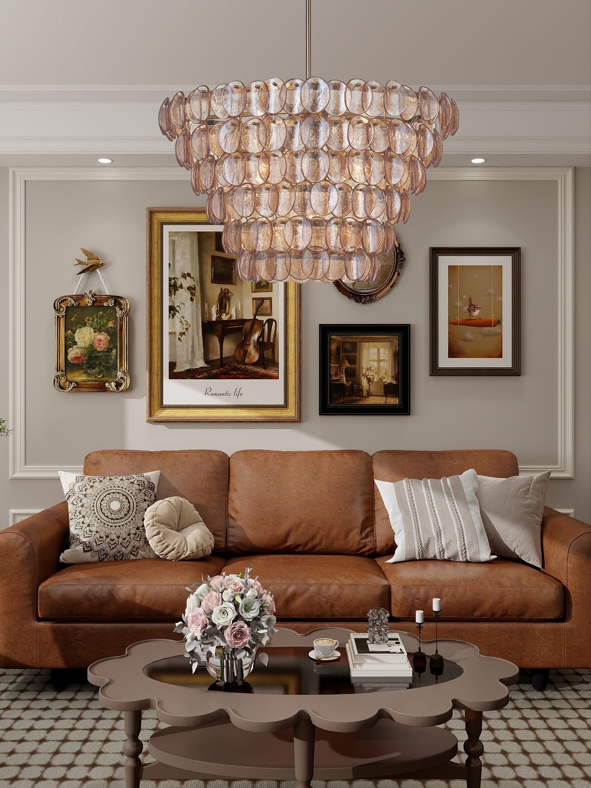 Aurora Chandelier Large Amber Glass Disc Fish Scale Brass