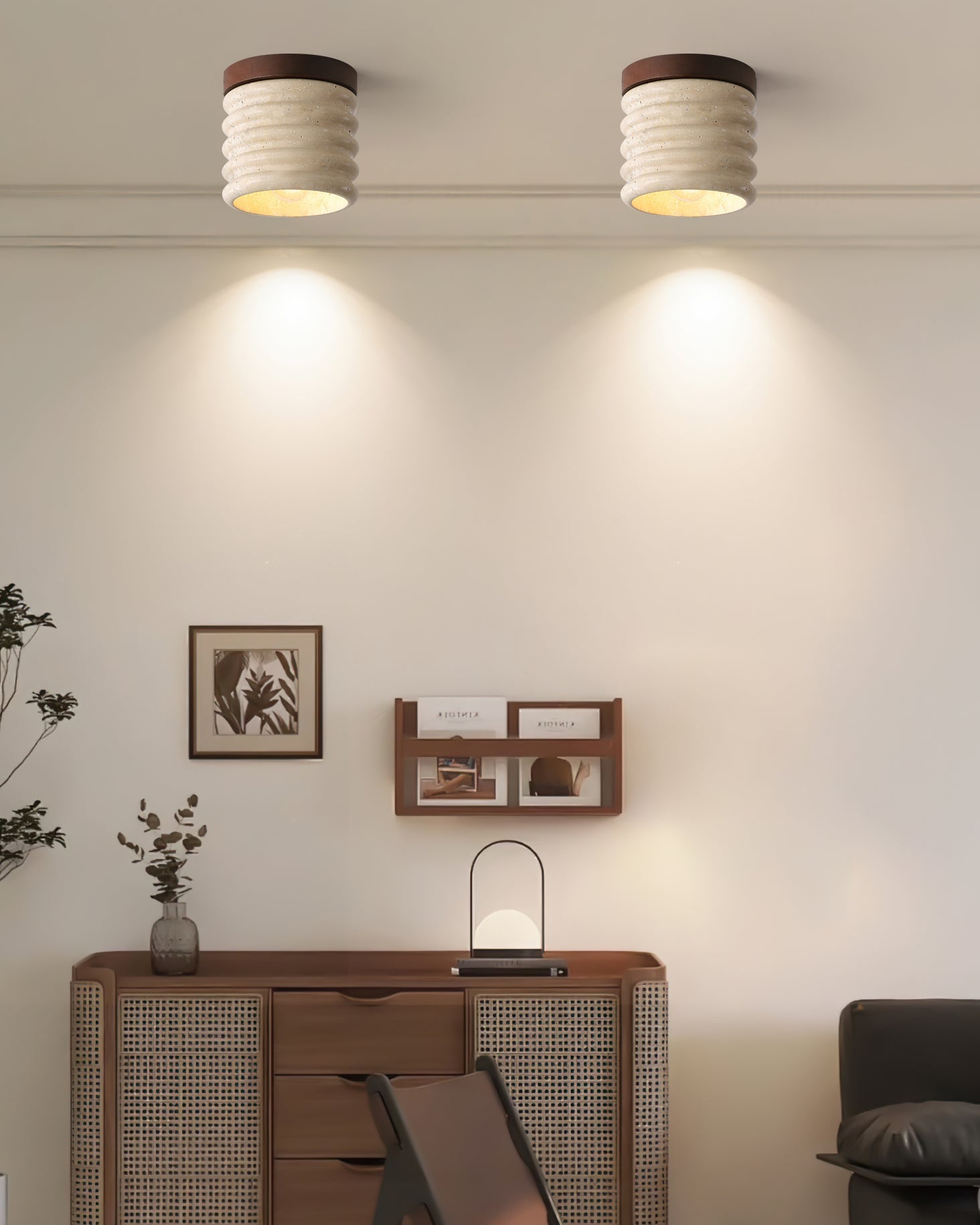 Neptune Travertine Ceiling Light Ribbed Design - Letslighting