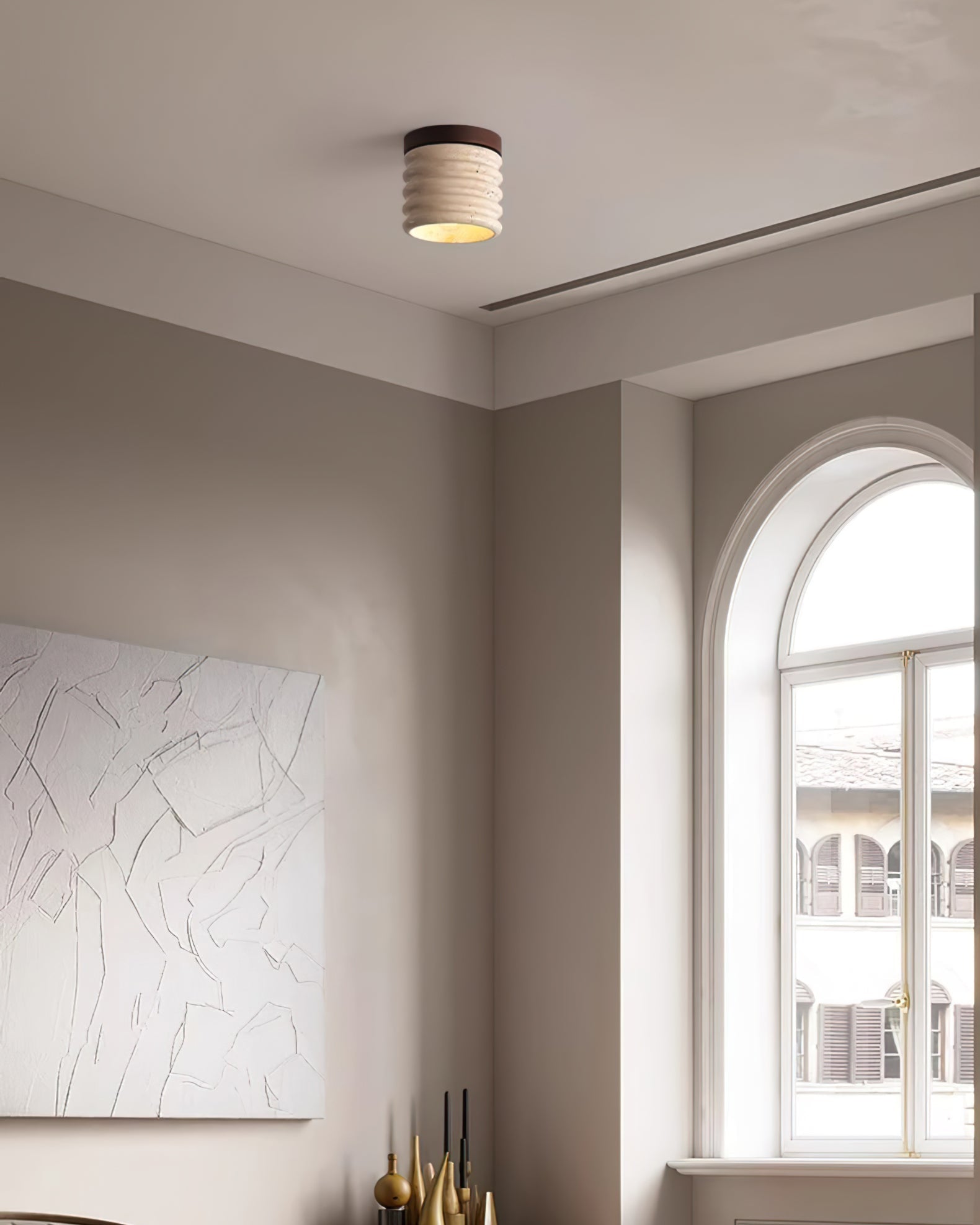 Neptune Travertine Ceiling Light Ribbed Design - Letslighting