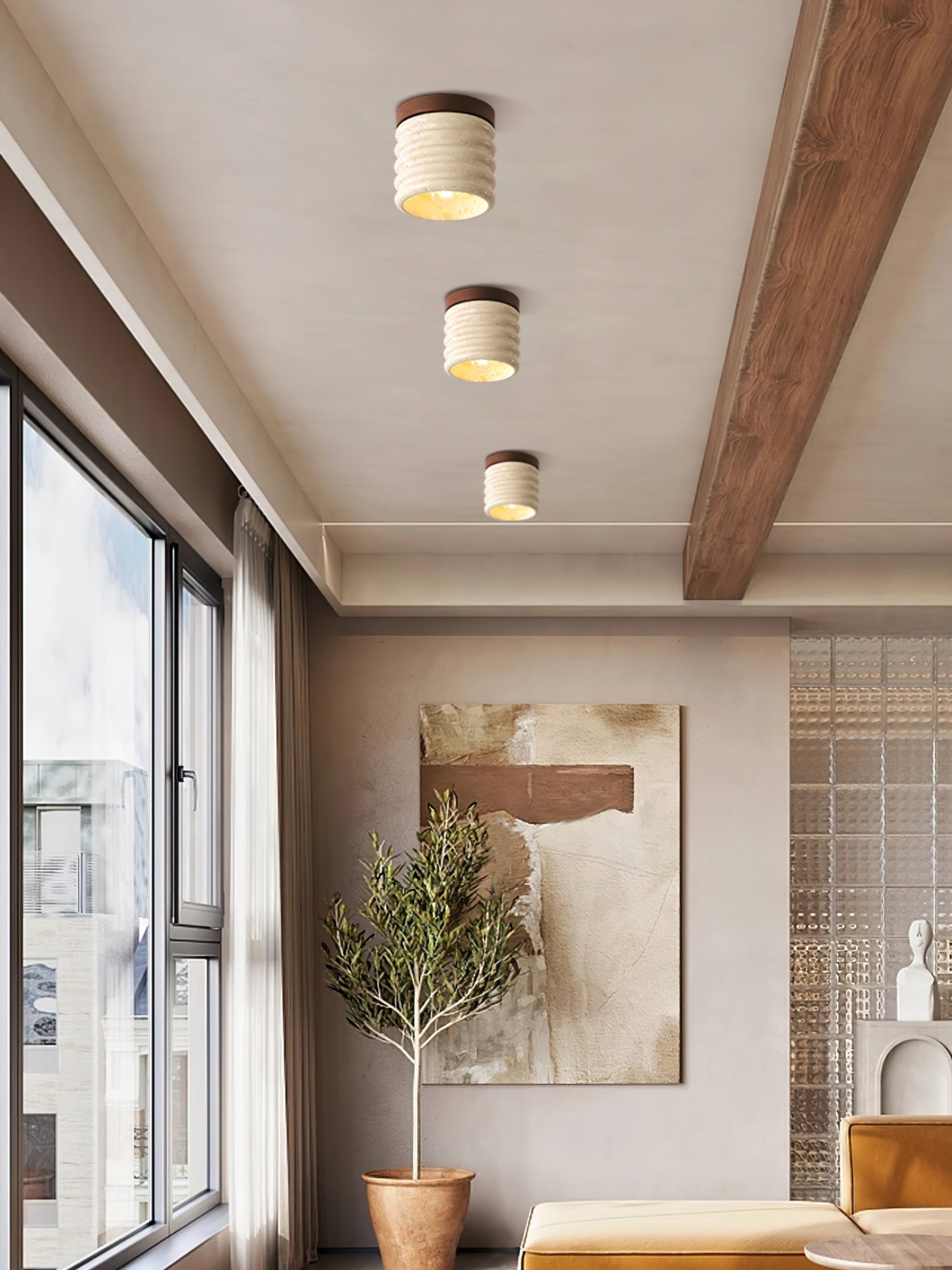 Neptune Travertine Ceiling Light Ribbed Design - Letslighting
