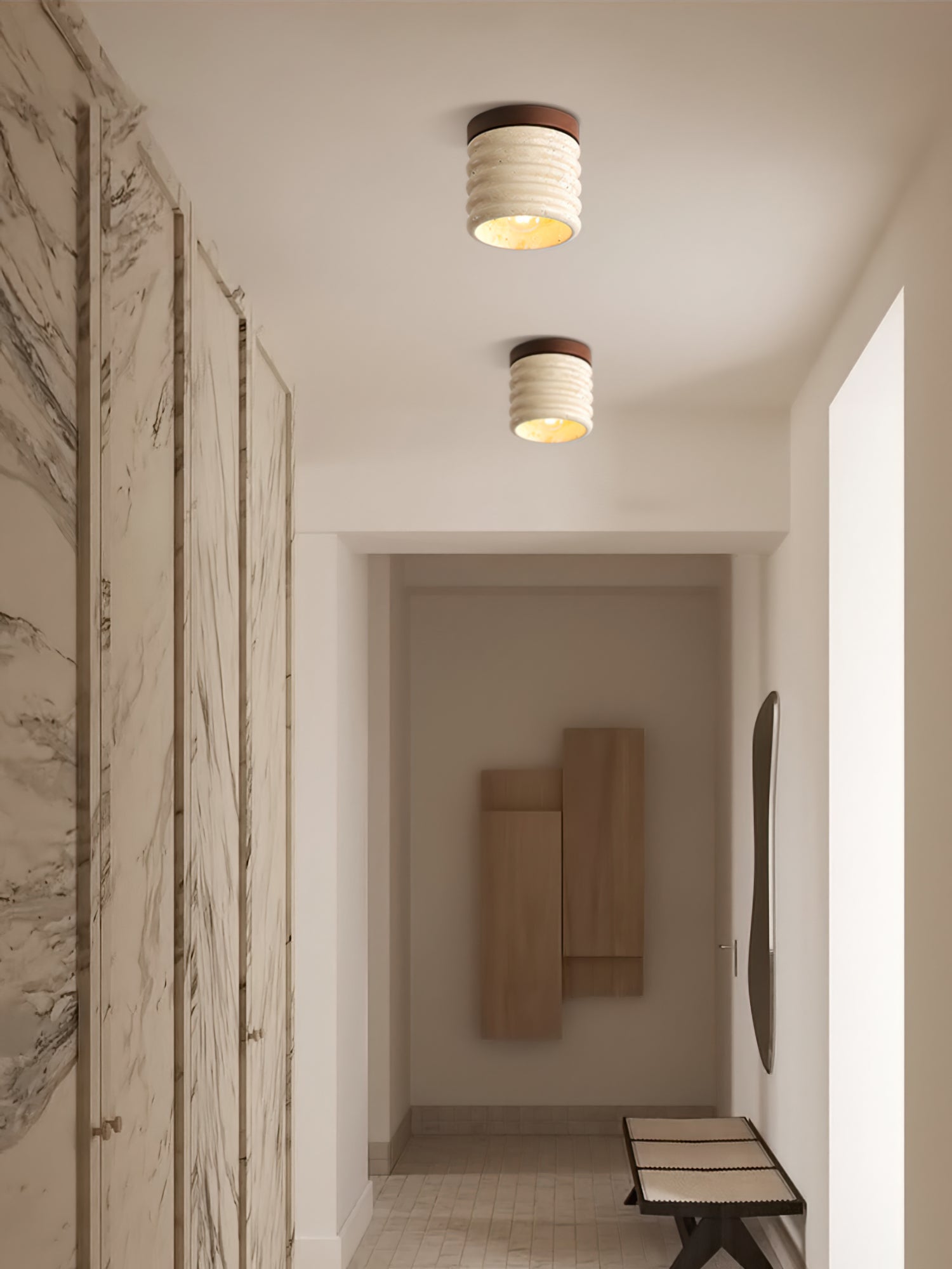 Neptune Travertine Ceiling Light Ribbed Design - Letslighting
