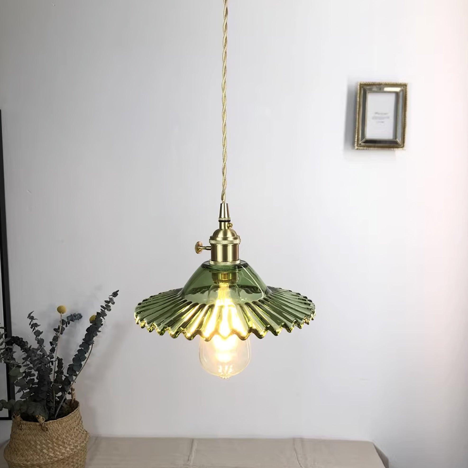 Pendant Lamp Ruffled Glass Shade Scalloped Edge Brass Accents Retro - Letslighting