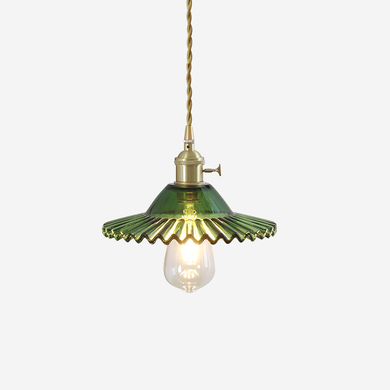 Pendant Lamp Ruffled Glass Shade Scalloped Edge Brass Accents Retro - Letslighting