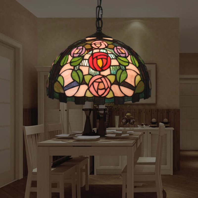 Tiffany Vintage LED Pendant Light Rose Glass Metal Living Room - Letslighting