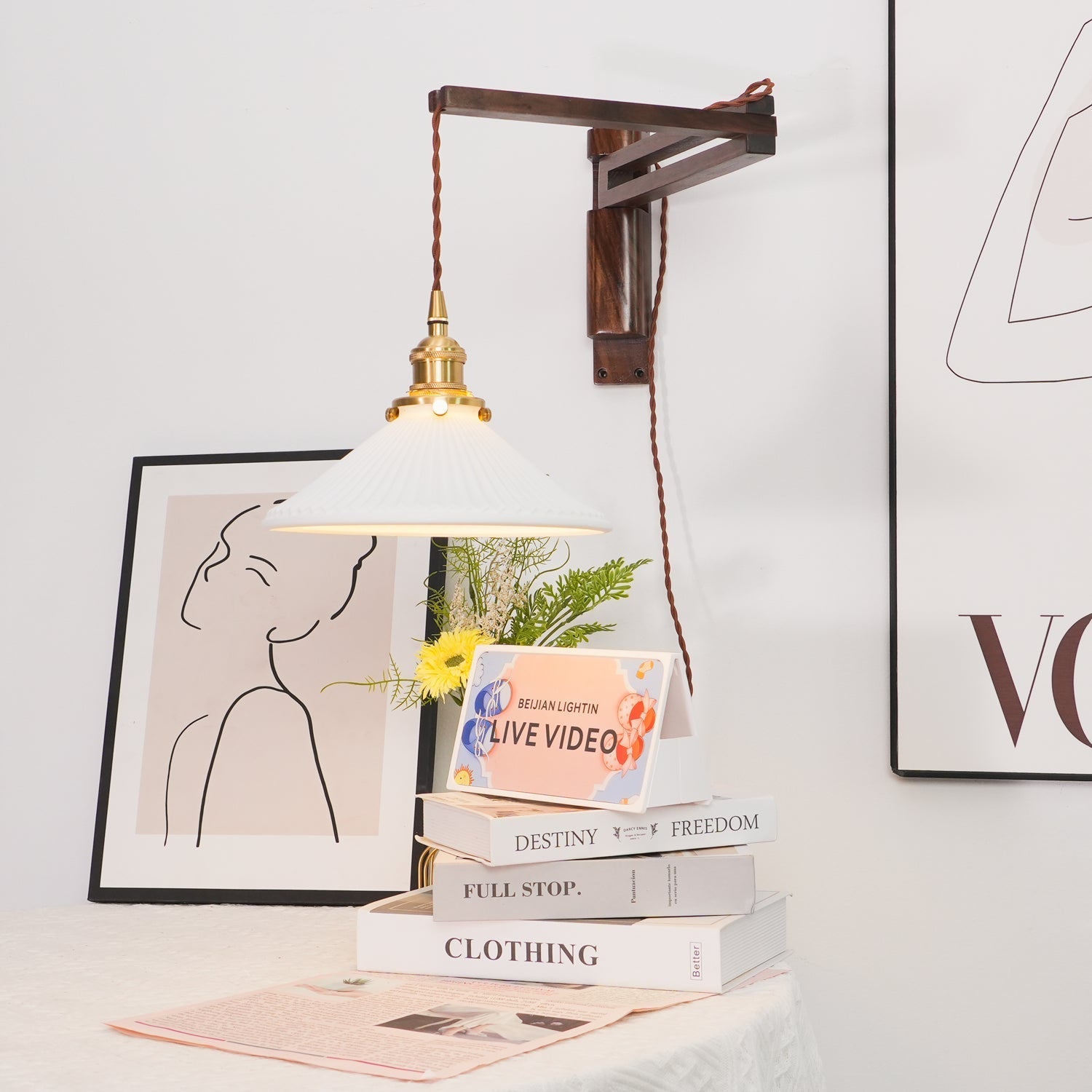 Illaee Nordic Art Swing Arm Walnut Ceramic Wall Light - Letslighting