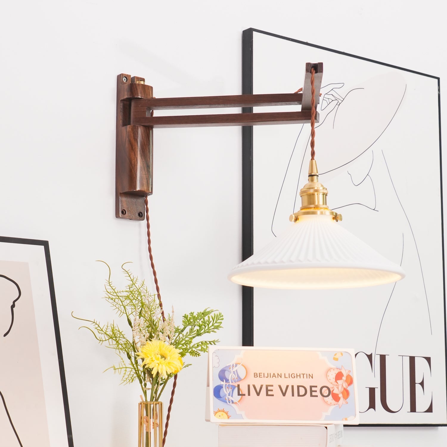 Illaee Nordic Art Swing Arm Walnut Ceramic Wall Light - Letslighting