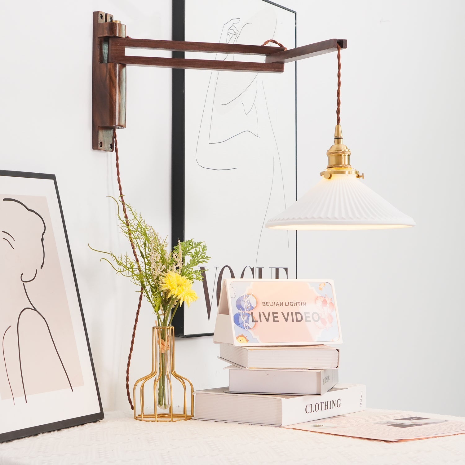 Illaee Nordic Art Swing Arm Walnut Ceramic Wall Light - Letslighting