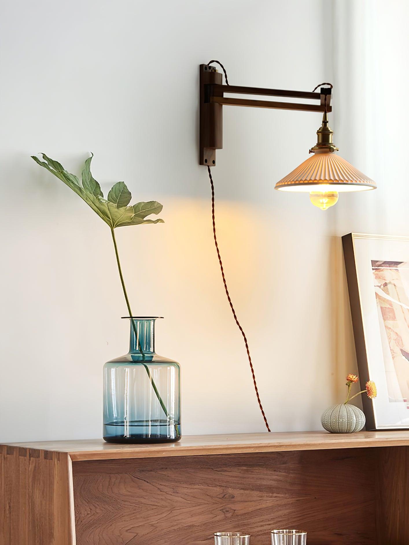 Illaee Nordic Art Swing Arm Walnut Ceramic Wall Light - Letslighting