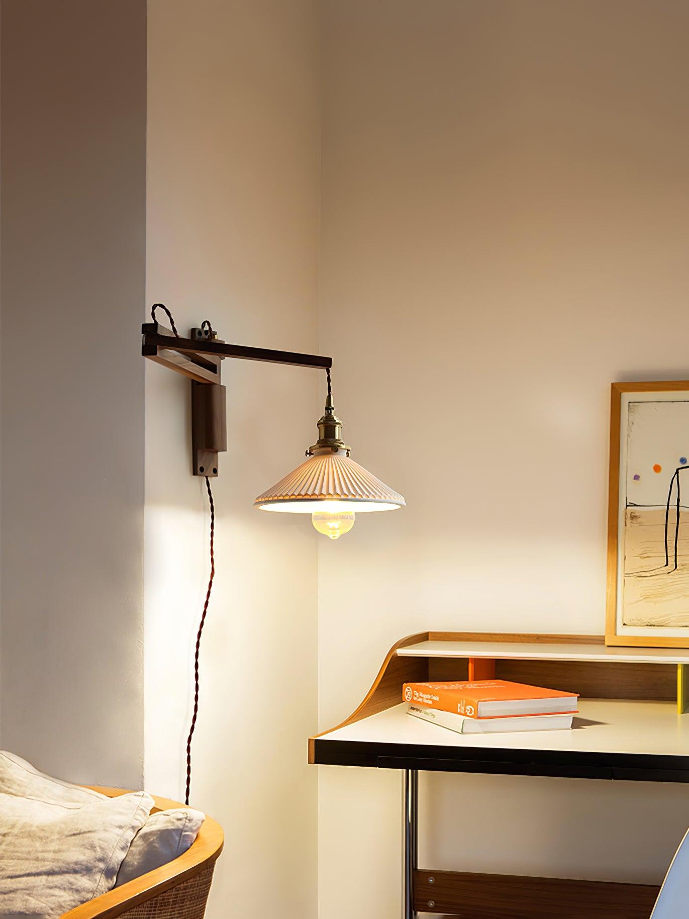 Orphaarae Nordic Art Swing Arm Walnut Ceramic Wall Lamp - Letslighting