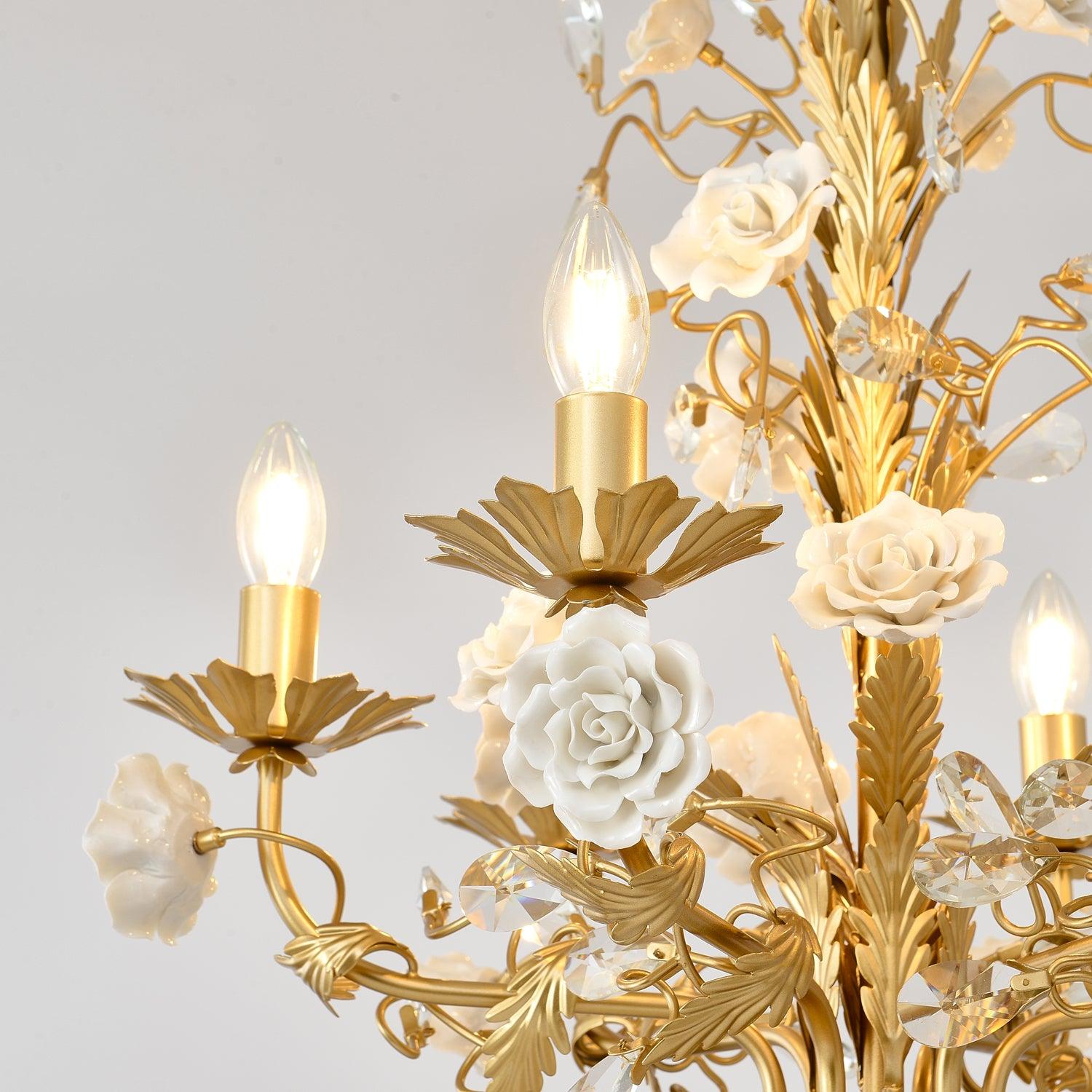 Chandelier Ornate Frame Porcelain Roses Crystal Classic Luxury - Letslighting