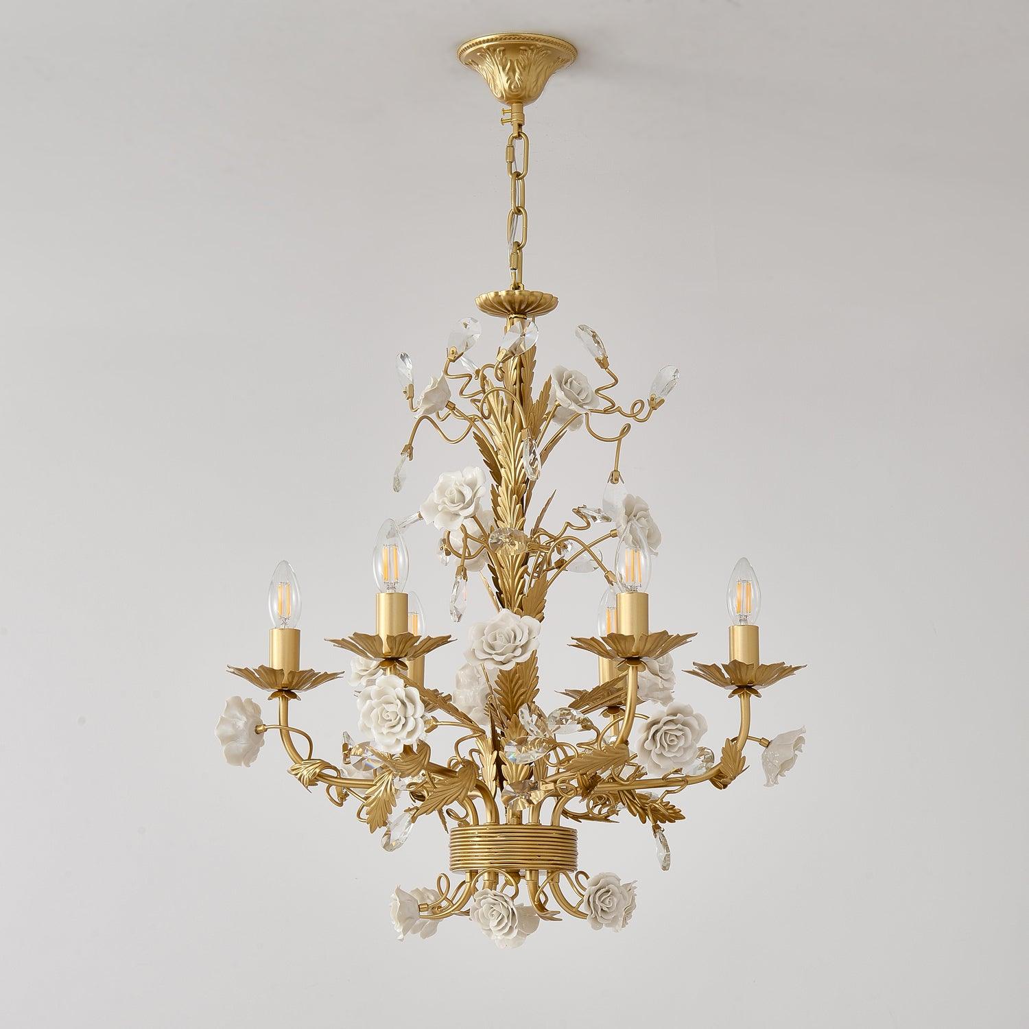 Chandelier Ornate Frame Porcelain Roses Crystal Classic Luxury - Letslighting