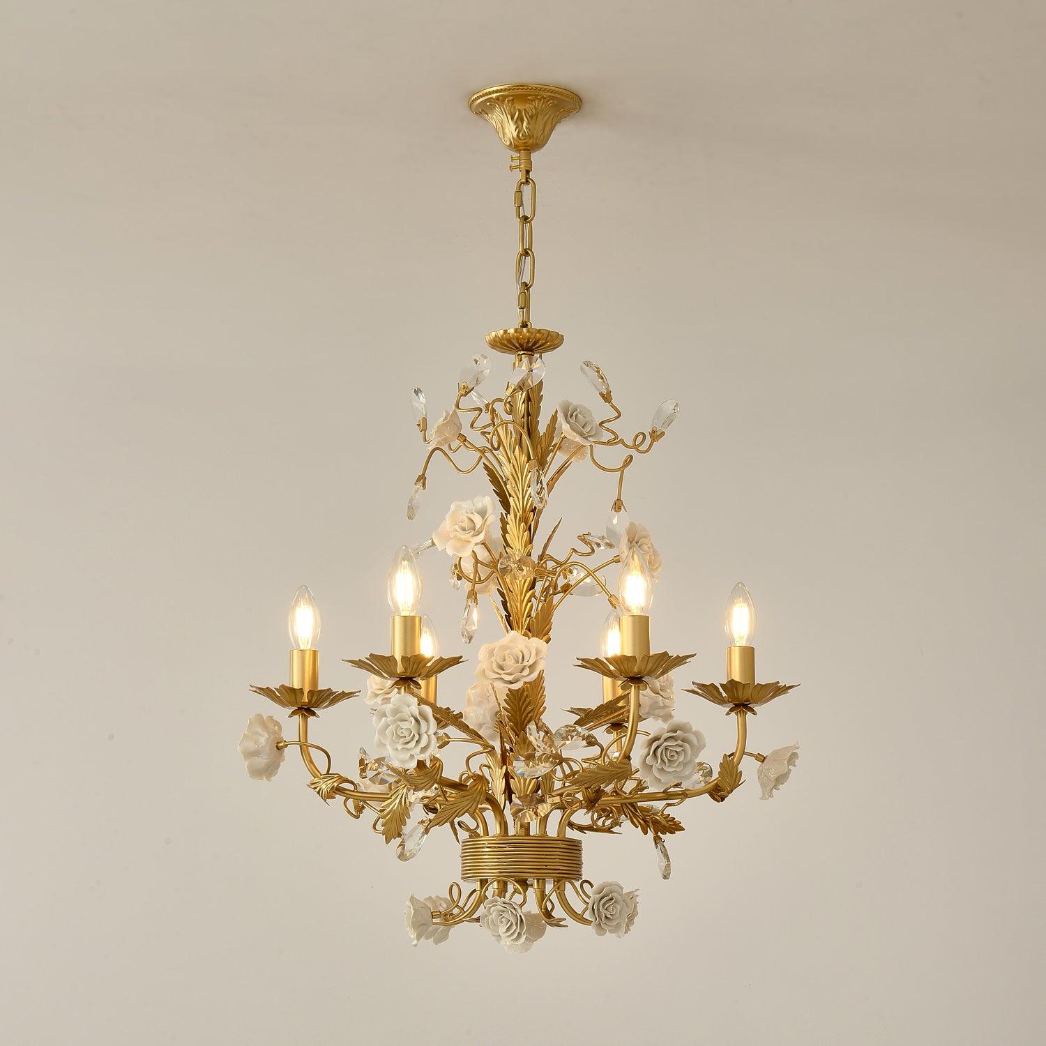 Chandelier Ornate Frame Porcelain Roses Crystal Classic Luxury - Letslighting