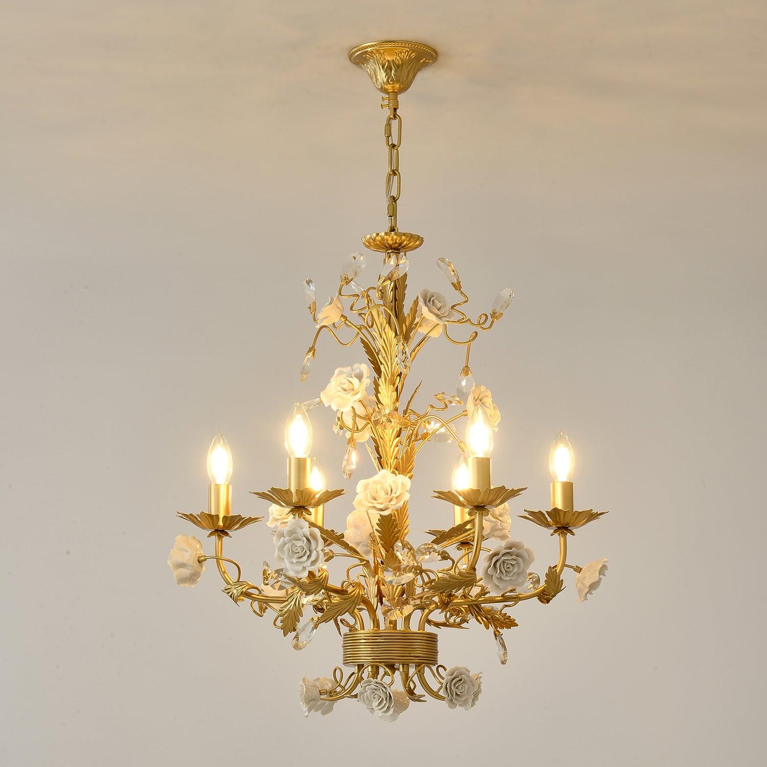 Chandelier Ornate Frame Porcelain Roses Crystal Classic Luxury - Letslighting