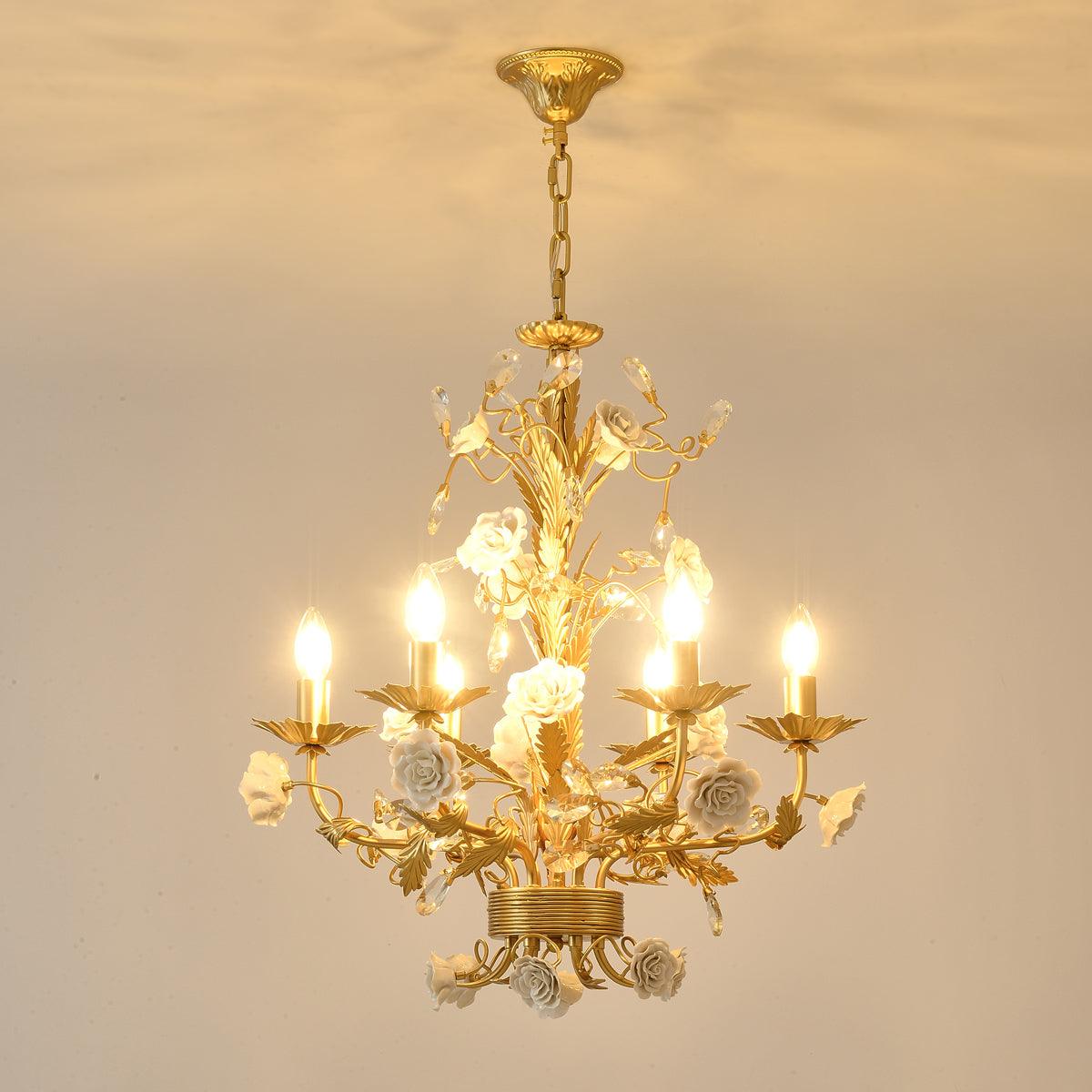 Chandelier Ornate Frame Porcelain Roses Crystal Classic Luxury - Letslighting