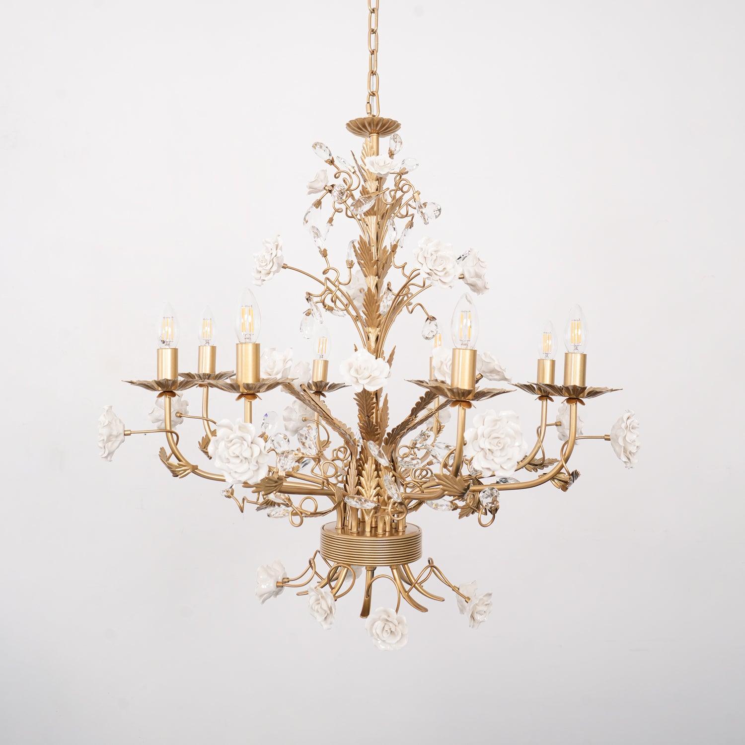 Chandelier Ornate Frame Porcelain Roses Crystal Classic Luxury - Letslighting