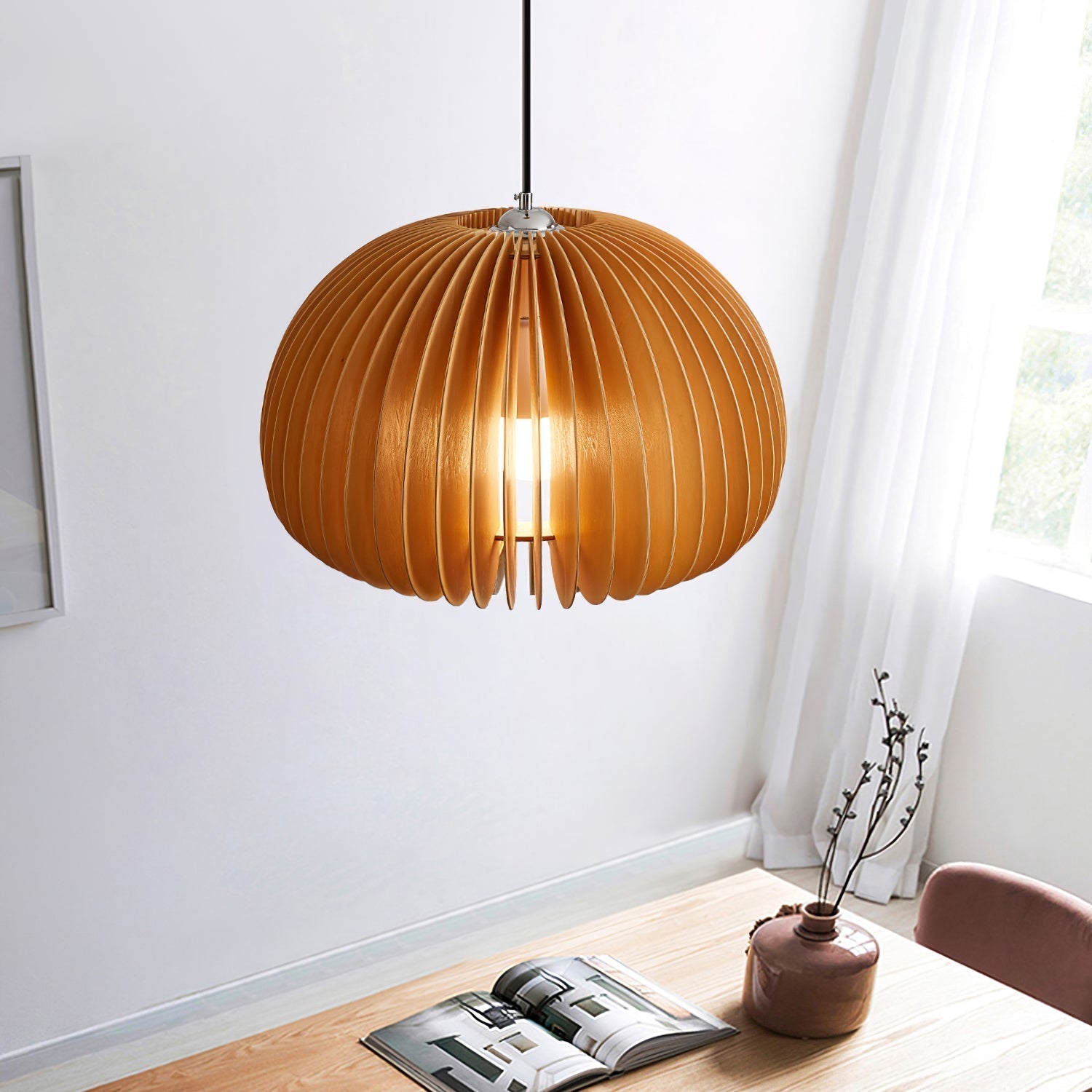 Solara Pendant Lamp Wood Pumpkin Dome Nordic - Letslighting