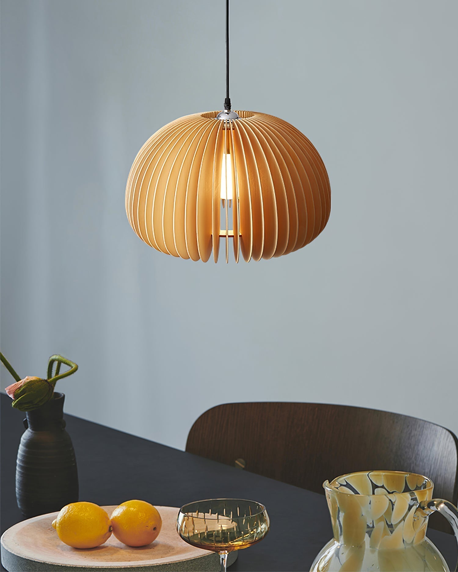 Solara Pendant Lamp Wood Pumpkin Dome Nordic - Letslighting