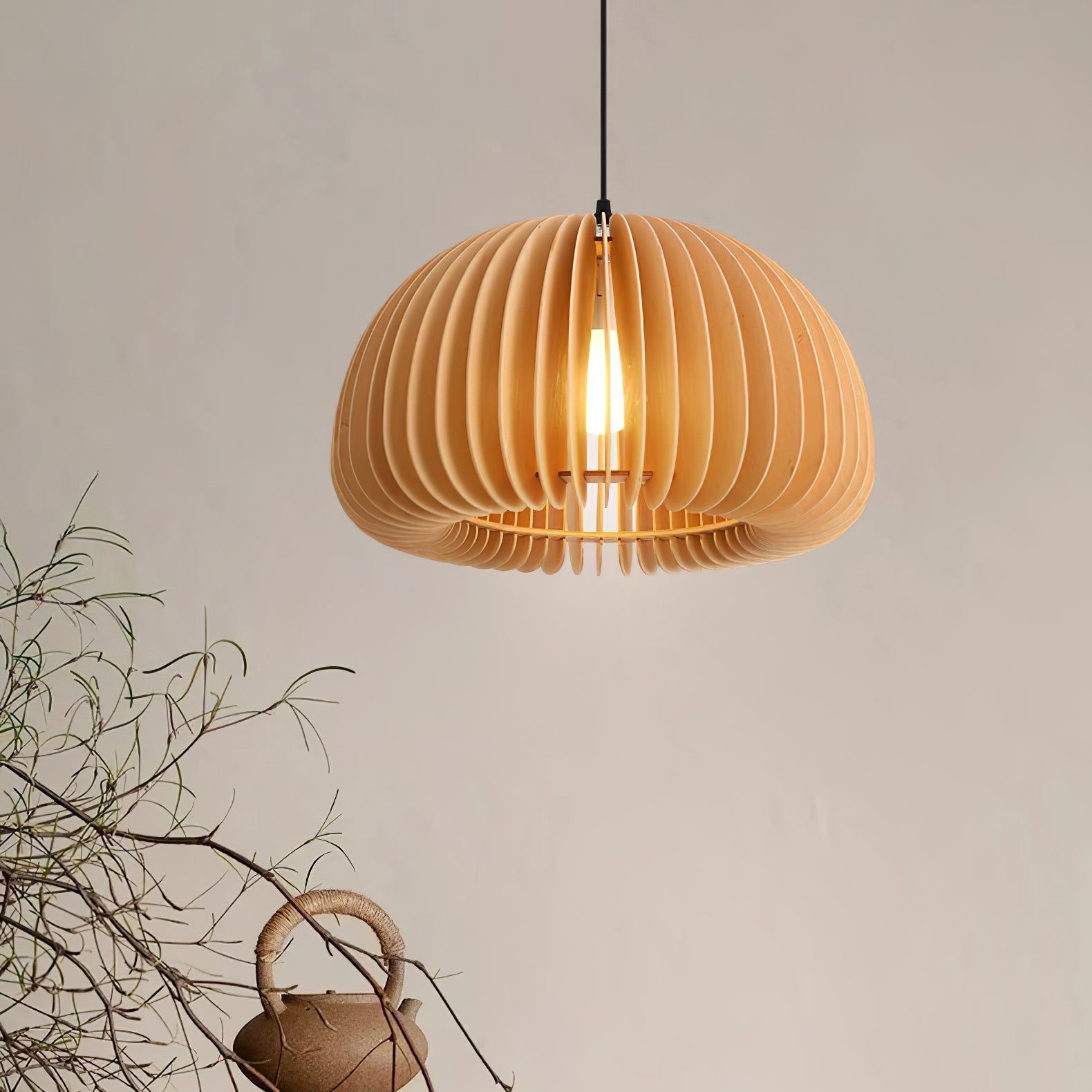Solara Pendant Lamp Wood Pumpkin Dome Nordic - Letslighting