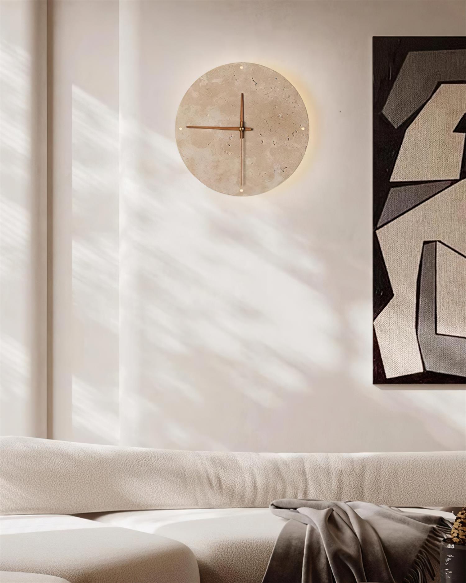 Wall Lamp Travertine Clock with Modern Minimalist Style Natural