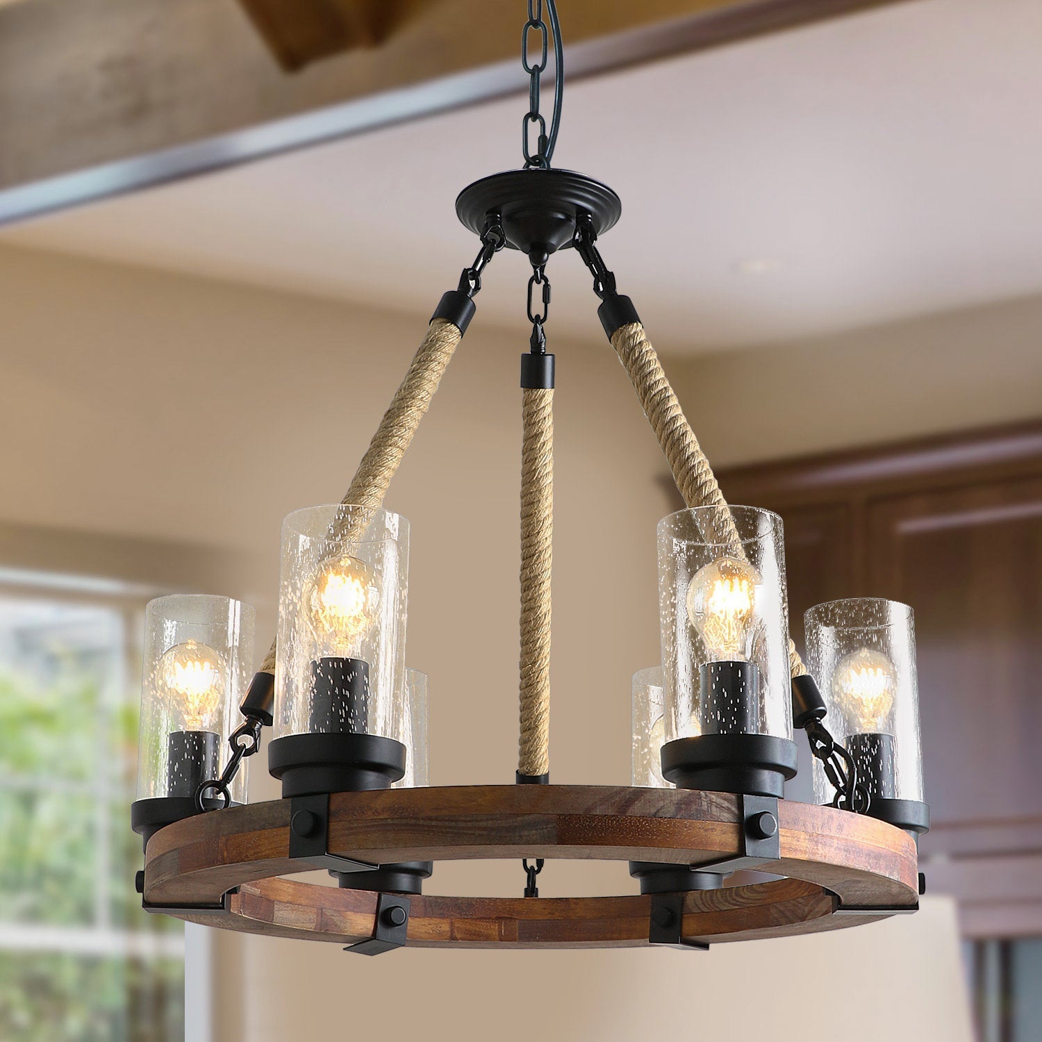 Zomiria Vintage Industrial Wagon Wheel Wooden Chandelier - Letslighting