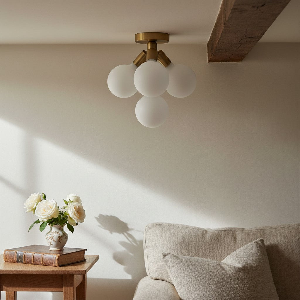 Pearl Opal White  Brass Flush Mount Light  Living Room