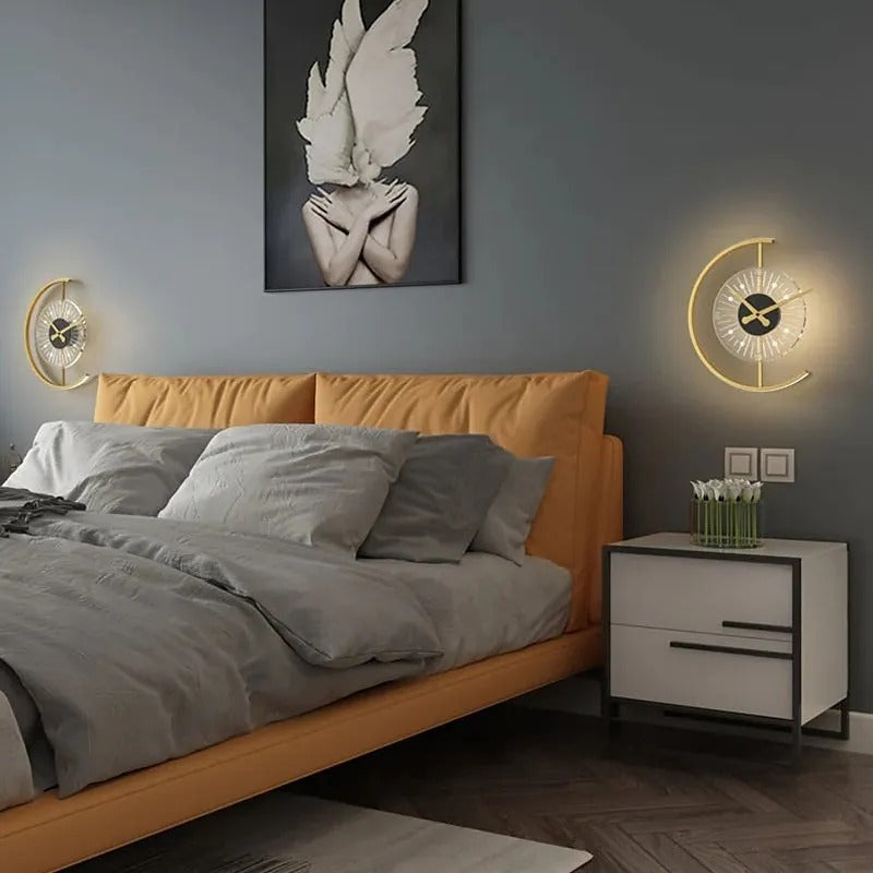 Arisha Modern Clock LED Indoor Wall Lamp Metal Wood Living Room Bedroom Dining Room