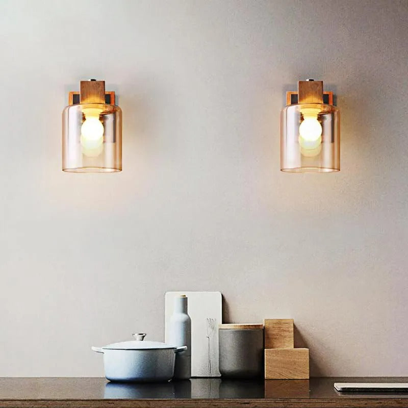 Muto Vintage Cylindrical Mini Wall Lamp, Wood/Glass