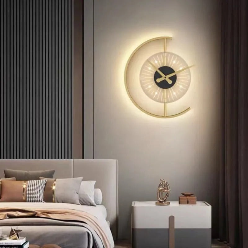 Arisha Modern Clock LED Indoor Wall Lamp Metal Wood Living Room Bedroom Dining Room
