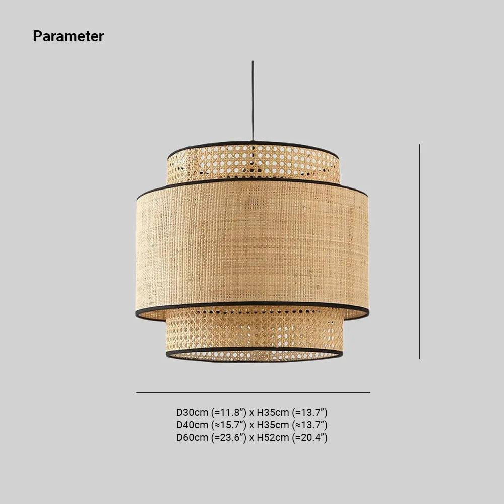 Ritta Wabi Sabi Tri-Layer Cylindrical Rattan/Metal Pendant Light, Wooden - Letslighting