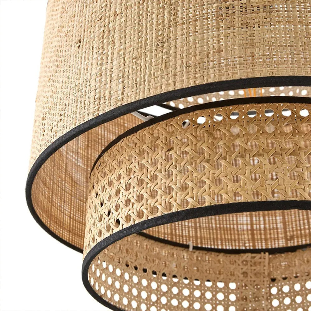 Ritta Wabi Sabi Tri-Layer Cylindrical Rattan/Metal Pendant Light, Wooden - Letslighting