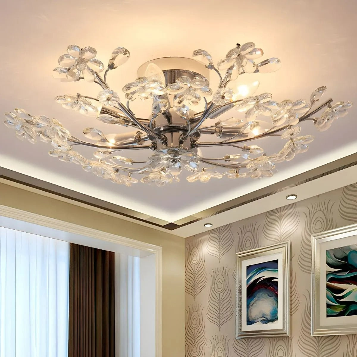 Olivia Modern Crystals Flower Flush Mount Ceiling Light Living Room, Chrome