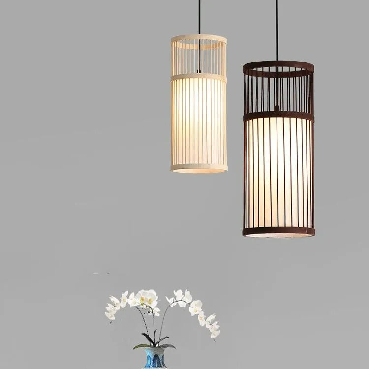 Muto Weave Cylinder Pendant Light, Coffee/Wood, /Bamboo - Letslighting