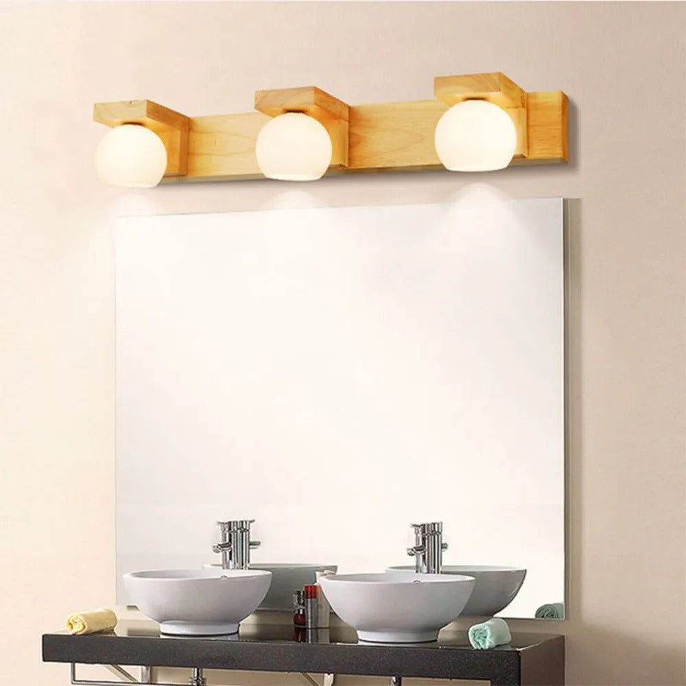 Muto Wooden Ball Mirror Front Vanity Wall Lamp, Log Color
