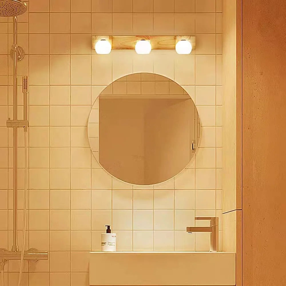 Muto Wooden Ball Mirror Front Vanity Wall Lamp, Log Color