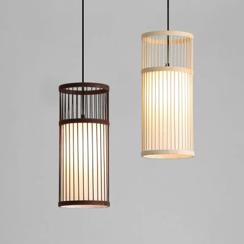 Muto Weave Cylinder Pendant Light, Coffee/Wood, /Bamboo - Letslighting