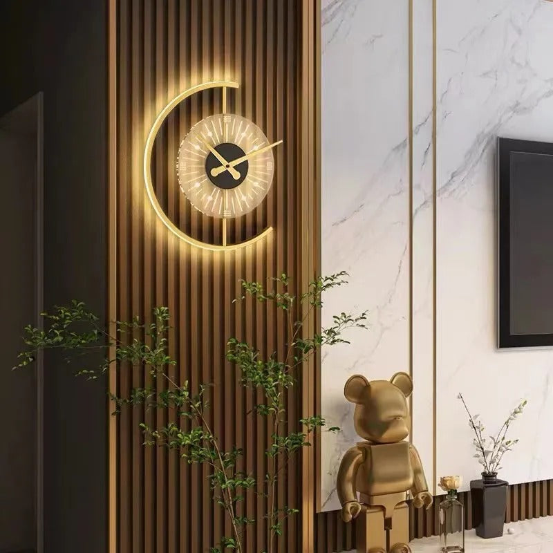 Arisha Modern Clock LED Indoor Wall Lamp Metal Wood Living Room Bedroom Dining Room